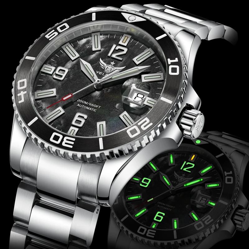 YELANG Men Automatic Watch 42mm Mechanical Wristwatch Diver 20Bar Waterproof Luminous Tubes Sapphire Mirror SW200 MOP Dial