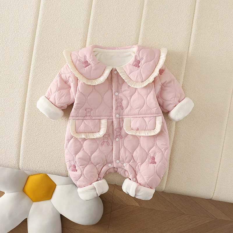 MILANCEL New Autumn Baby Girls Romper Thin Fur Lining Outwear 0-24M Infant Sweet Embroidery Bunny Cotton Padded Jumpsuit