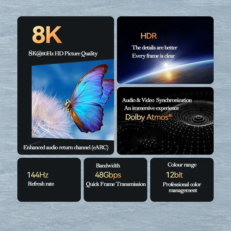 HDMI-совместимый кабель 2,1 8K/60Hz Ultra HD, видеокабели с позолоченным штекером-штекером, для PS5 Blu-Ray Xbox PC TV 1M/2M/3M