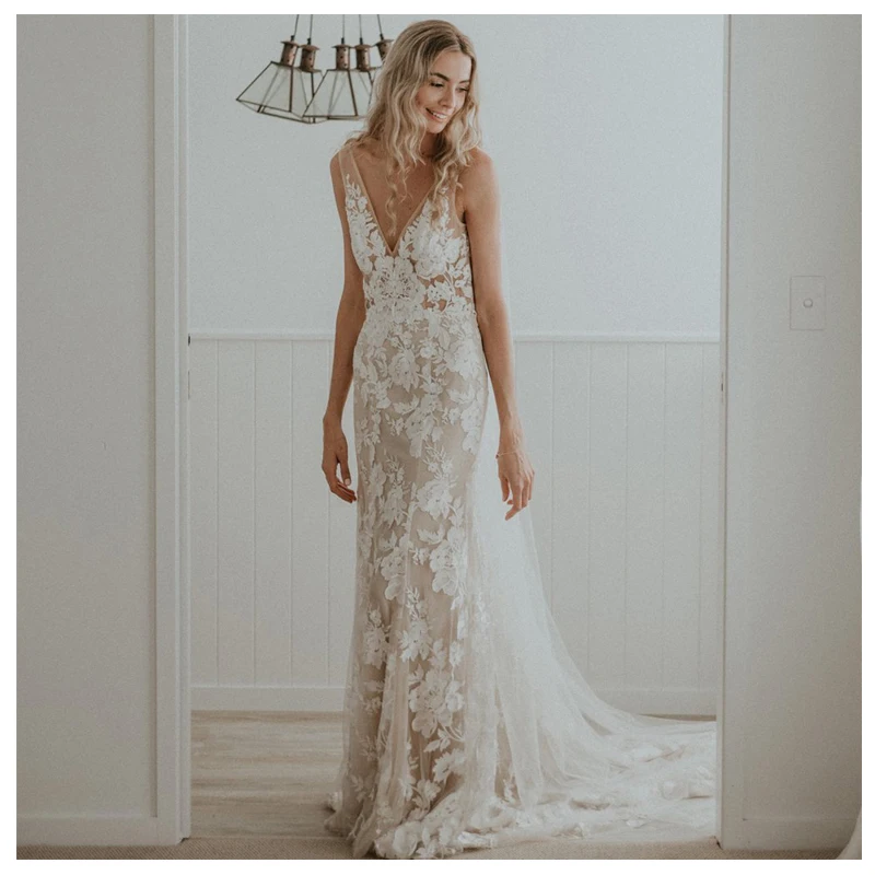 Real Photo V-hals Backless Champagne Kant Bohemian Bridal Bruiloft Trouwjurk Bruidsjurk Goedkope Fabriek Prijs