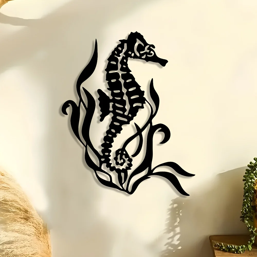 1pc Nautical Seahorse & Seashell Metal Wall Art, Geometric Marine Decor, Weatherproof Wall Sculpture, Holiday Gift
