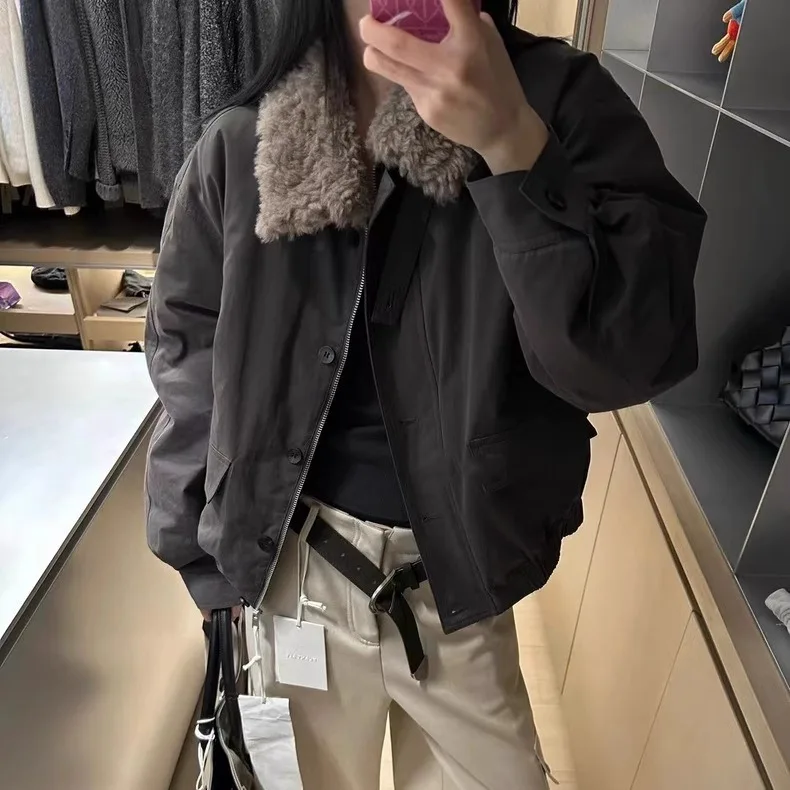 

Warm Goose down Parka Coat Women's Faionable Lamb Fur Collar 80 Goose down Thiened Winter Outerwear Casual Sle