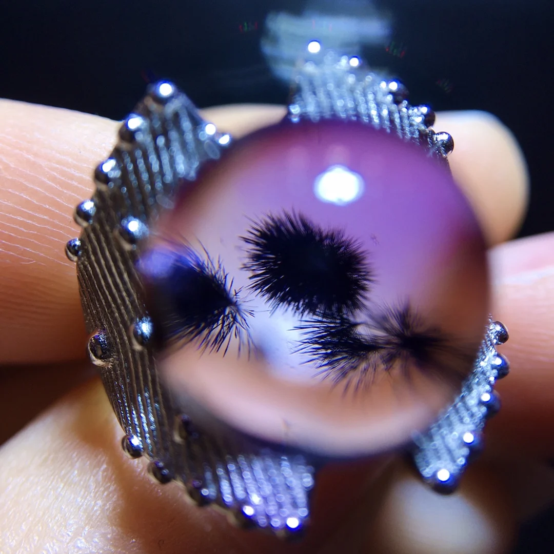 

Регулируемое кольцо из натурального фиолетового аметиста с рутилированным кварцем, женское кольцо 11,5 мм, цветочная сфера, овальная бусина, серебро 925 пробы, богатый камень AAAAA