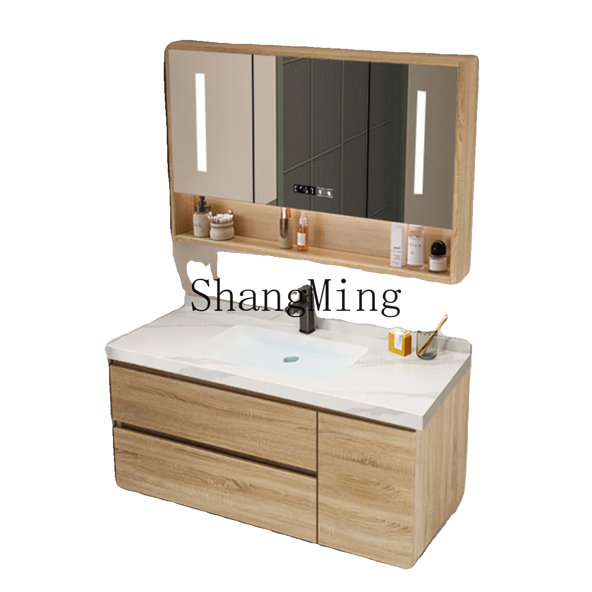 

SMBathroom Cabinet Washbasin Set Wash Basin Rock Board Seamless Ceramic Integrated Basin Bathroom Washstand Mirror Cabinet