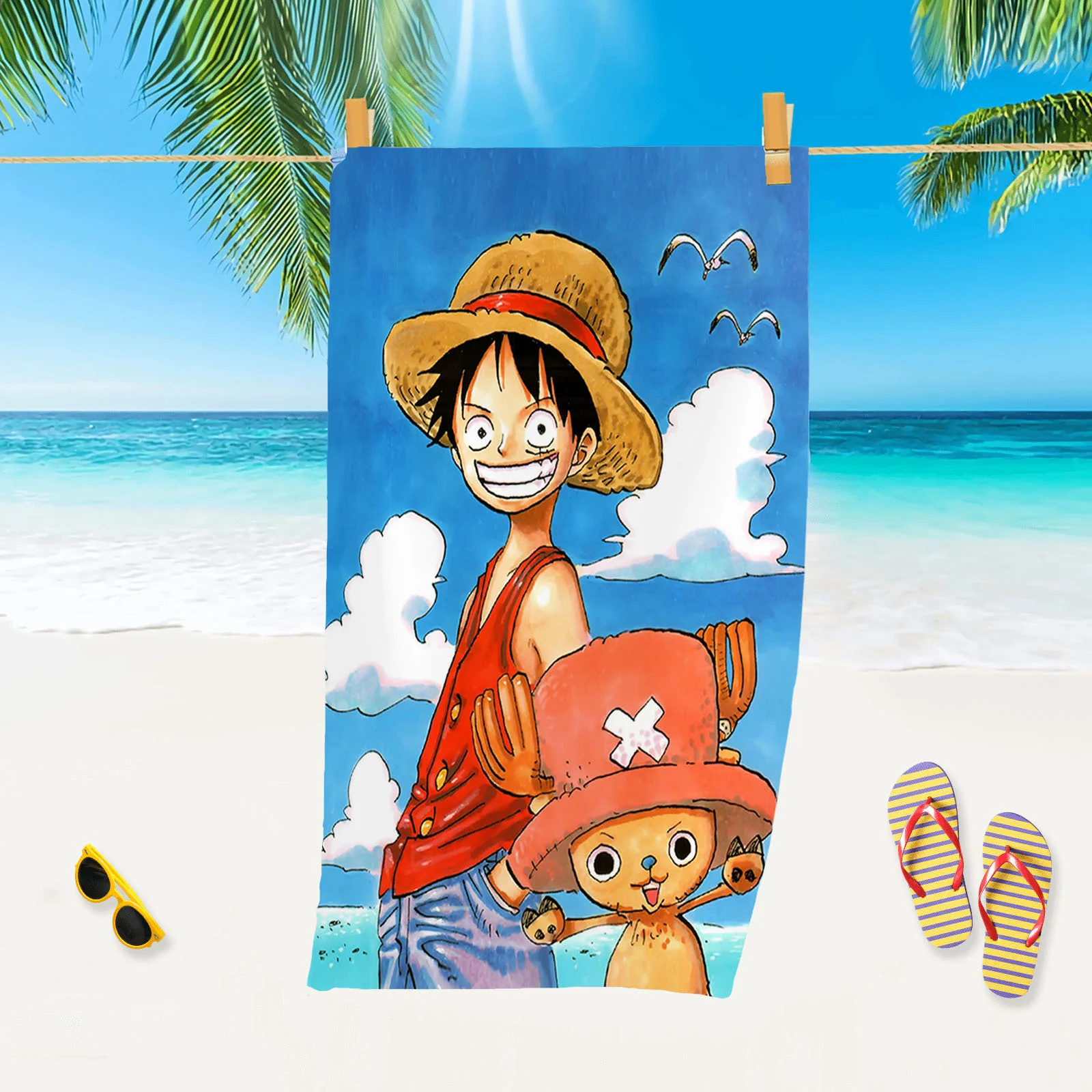 Animación de One Piece Sunny Ship, Luffy Fitness Running Sweat, toalla de playa práctica, Toalla de baño de natación, modelo de Anime