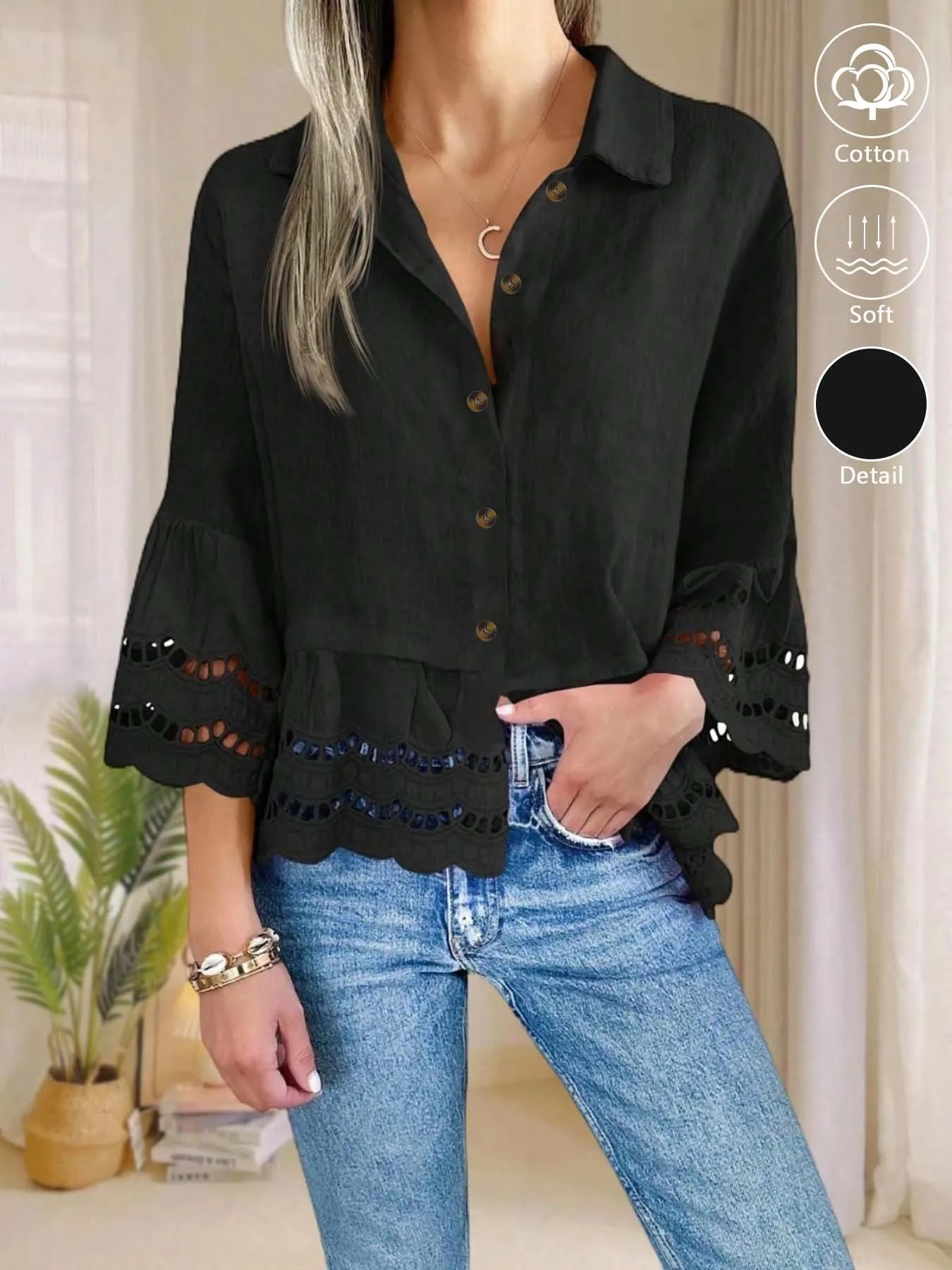 Women's 100% Cotton Elegant Collared Button-Down Shirt with Flared Sleeves and Cut-Out Lace Detail
