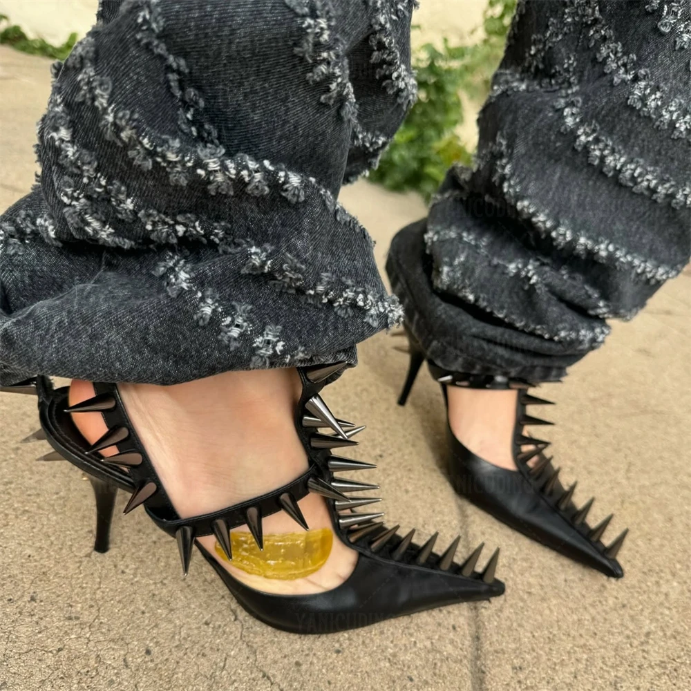 

Knife Spiked Patent Leather Sandals Sharp Metallic Nails Stilettos Sexy Punk Style Silver Rivet Pointed Custom Multicolor Heels
