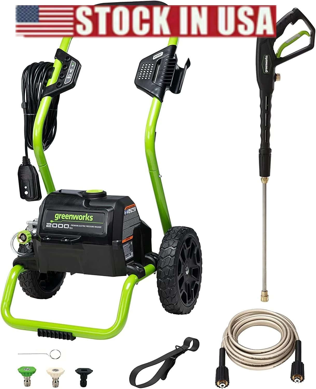 Lavadora a presión eléctrica de 2000 PSI (13 amperios) (ruedas para transporte/manguera de 20 pies/cable de alimentación de 35 pies) ideal para automóviles, vallas y patios