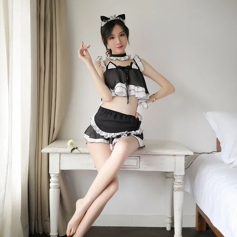 

0109 Sexy Lingerie Sexy Chiffon Cat Girl Uniform Role Play Seductive Coquettish Maid Suit Cosplay Costumes MaidDress School Girl