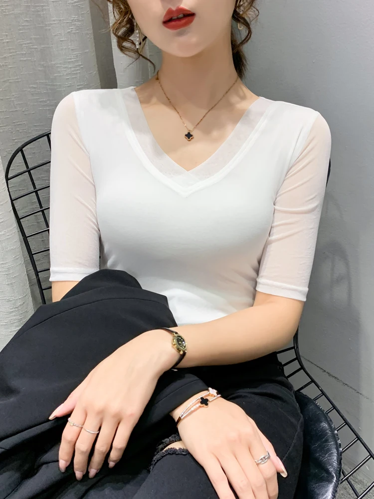 Women's Slim Fit Mesh T-Shirt V-Neck Half Sleeve Spring Autumn Casual Style Breathable Wear Resistant Classic Pattern Base Shirt