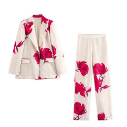 PB&ZA2024 Autumn New Women's Fashion Versatile Casual Satin Printed Suit Coat High Waist Pants Two Piece Set