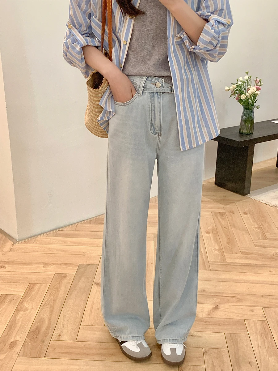 

Джинсы Uniko с высокой талией, прямые, синие, женские повседневные брюки, новинка 2024, в корейском стиле, широкие, длинные, из хлопкового стрейч-денима