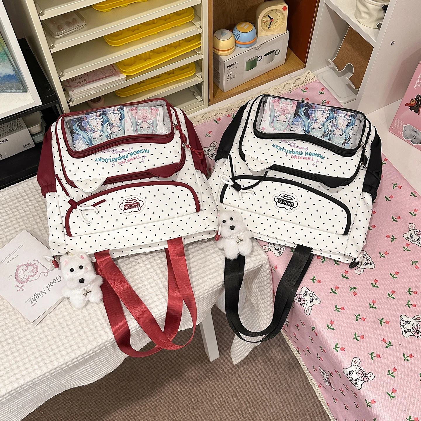 Tas Tangan Kawaii Polka Dot Ita Tote Tas Sekolah Saku Transparan Gaya Preppy Baru Tas Bahu Lucu Kapasitas Besar untuk Remaja Perempuan