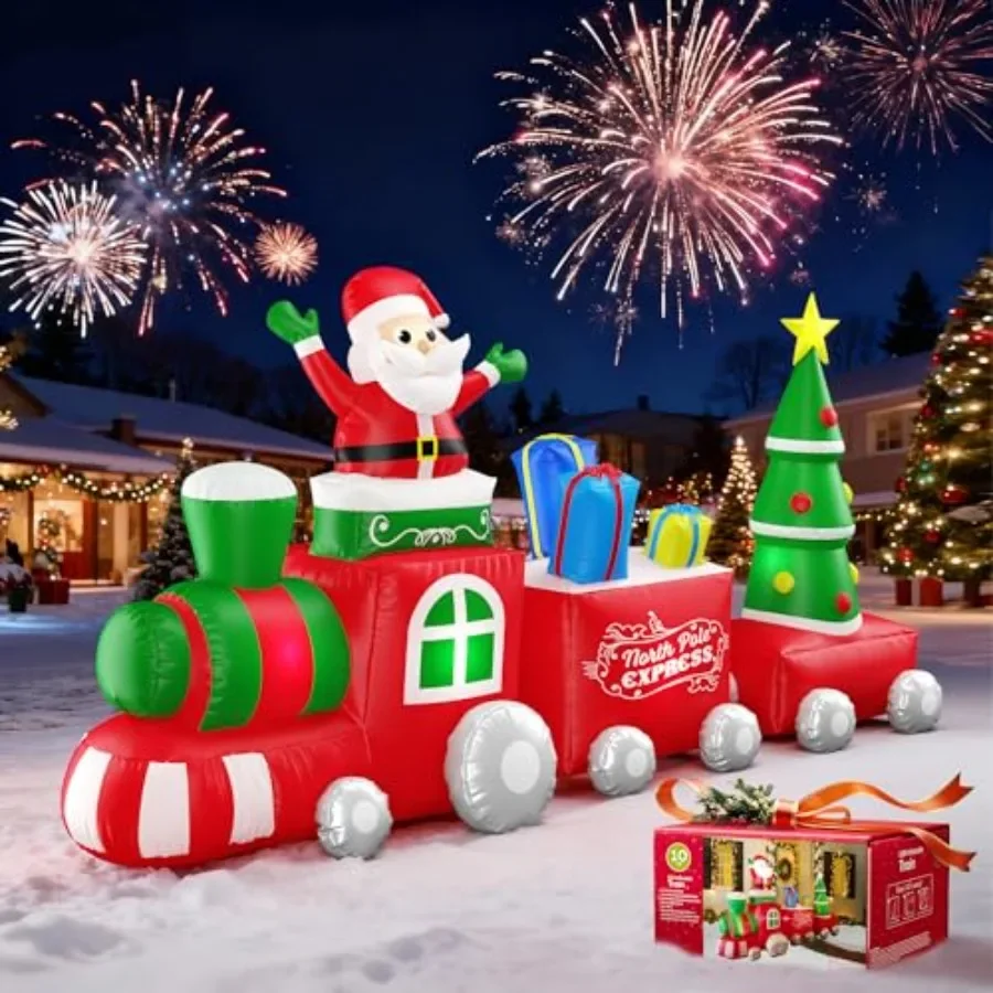 

10Feet Christmas inflatable train for outdoor yard decor, PVC material, red and green color, built-in LED lights for night visi
