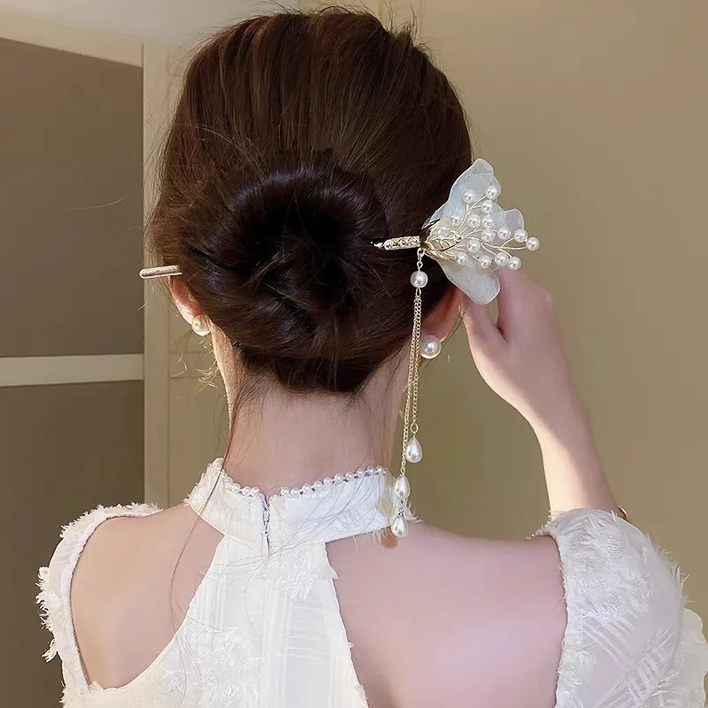앤티크 스타일과 고급스러운 느낌의 새로운 중국 스타일 진주 메쉬 꽃 머리핀 코일 머리핀 복고풍 Hanfu 헤어 액세서리