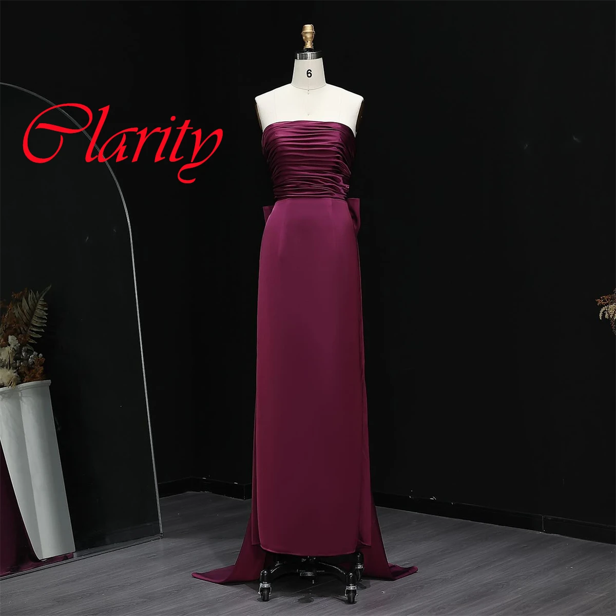Customized Delicate Dark Purple Satin Evening Dress Exquisite Strapless Long Sleeves Zipper Back Bow Mermaid Homecoming Dress