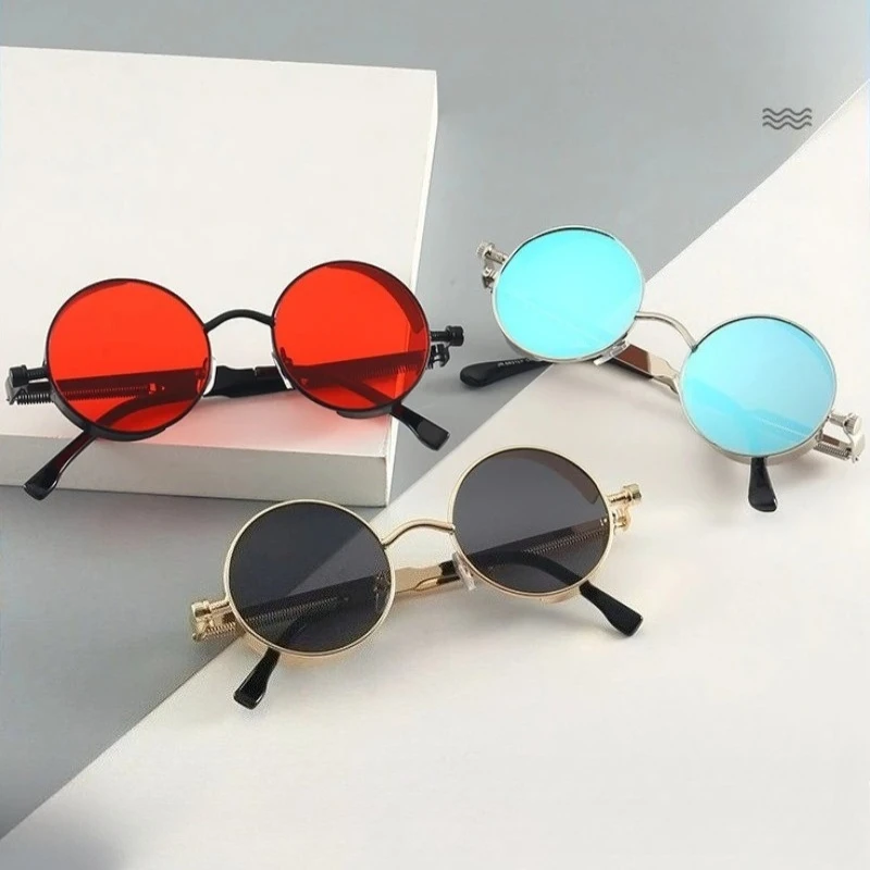 

Retro Round Frame Sun Glasses with Metal Spring Hinges Featuring Reflective and Colorful Lenses in A Steampunk Style Sunglasses