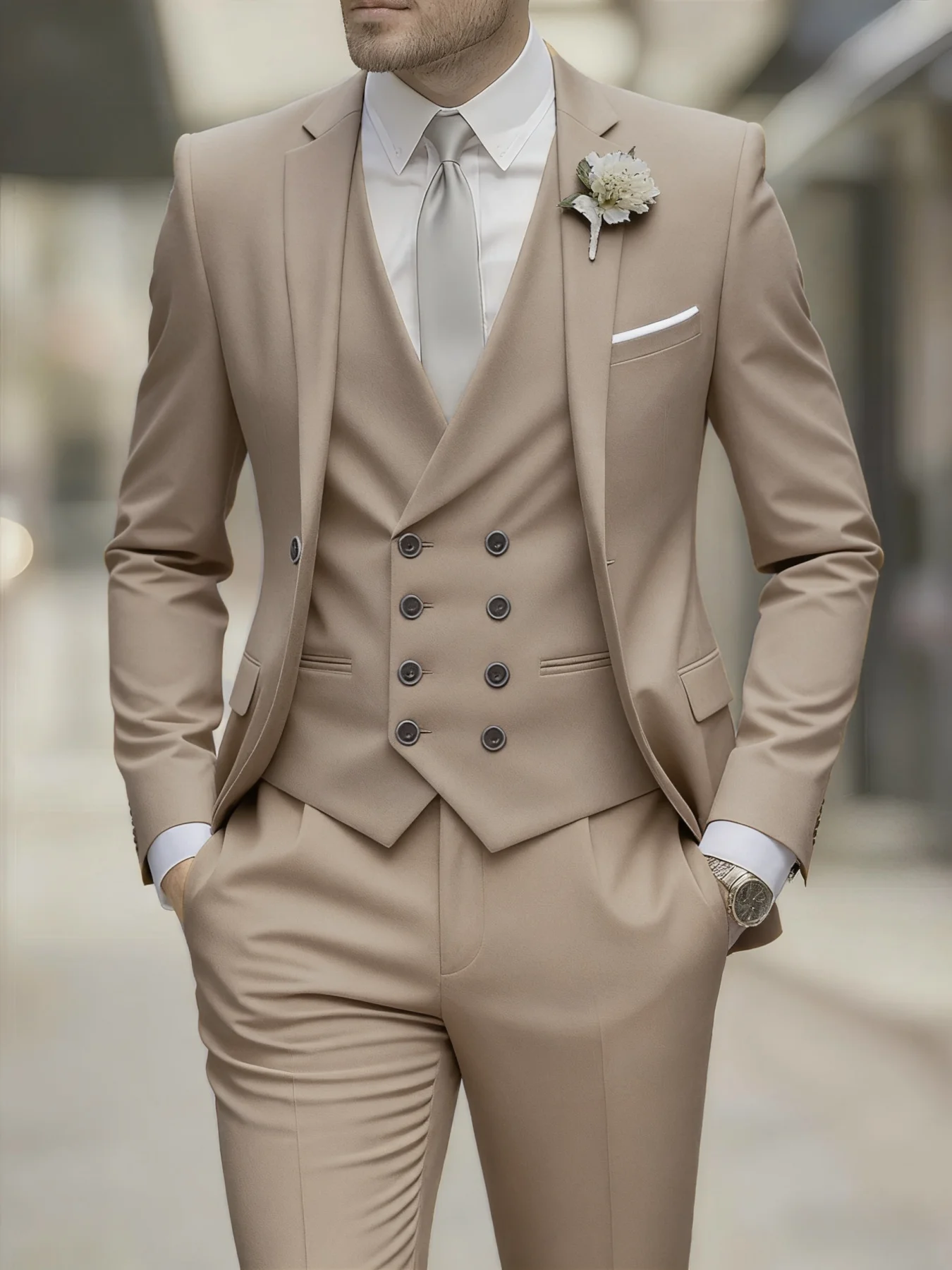

Men's 3 Pcs Suit Set Notched Lapel Double Breasted Vest Jacket Pants for Groomsmen Prom Event