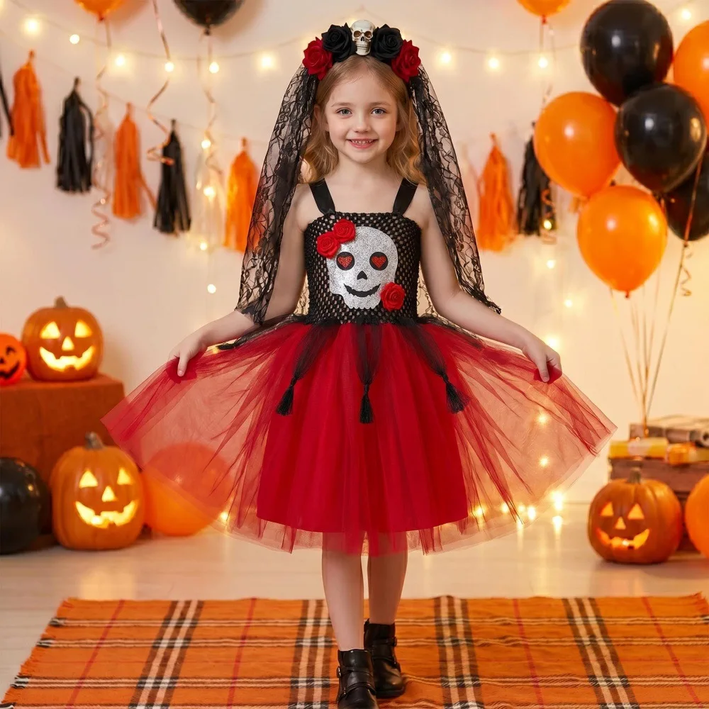 Halloween 2026 Red Black Bride Tutu Dress Fluffy Multi-layer Carnival Outfit Tulle Mesh Dark Tone Lightweight Breathable Apparel