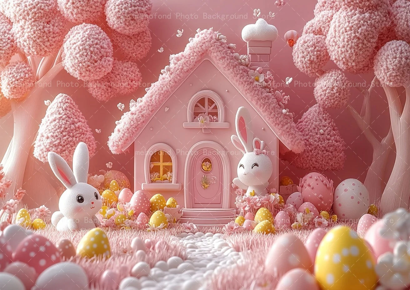 Mehofond 写真撮影背景 イースター 小さな白いウサギ カラフルな卵 石道の家 子供 家族ポートレート背景装飾