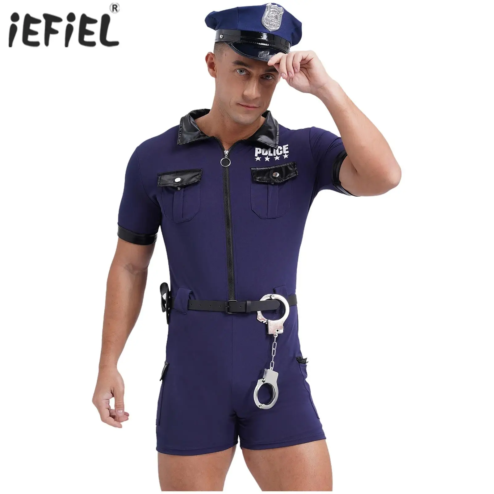 Mens Dirty Cop Policeman Costume Sexy Cosplay Party Sets Short Sleeve Jumpsuit with Belt Purse Hat Cuffs Suit Role Play Dress Up