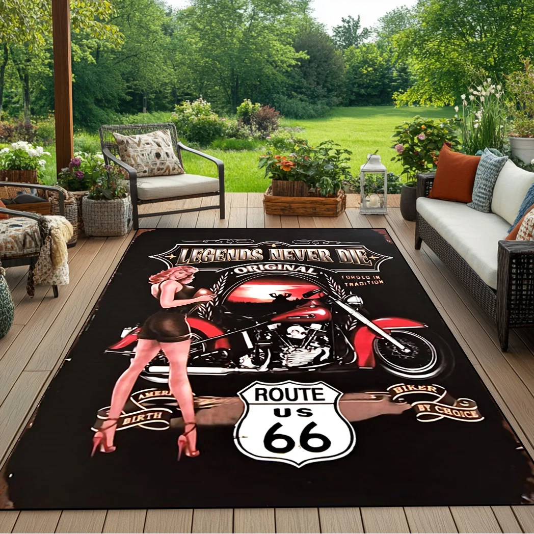 Route 66 Vintage Motorcycle Print Rug, Polyester Christmas Decor Mat for Farmhouse Living Room Kitchen Porch