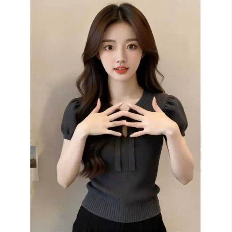 Summer 2026 Fragrance Wind Butterfly Knot Short Sleeve T-Shirt Elegant Beautiful Top Versatile Solid Color Overhead Personality