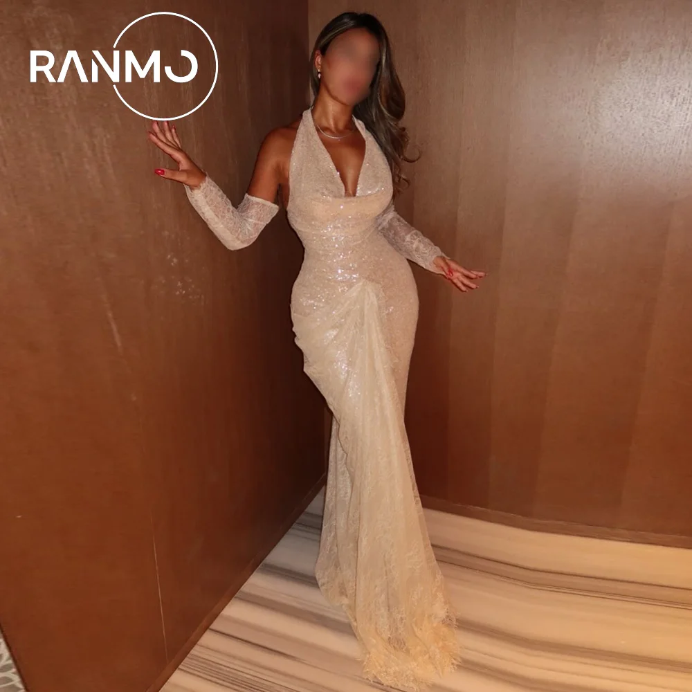 Sukienka wieczorowa Ranmo Customized 2026, nowa, koronkowa, z dekoltem typu halter, bez rękawów, plisowana, krój syreny/trąbka, odpinane rękawy, sukienka na studniówkę.