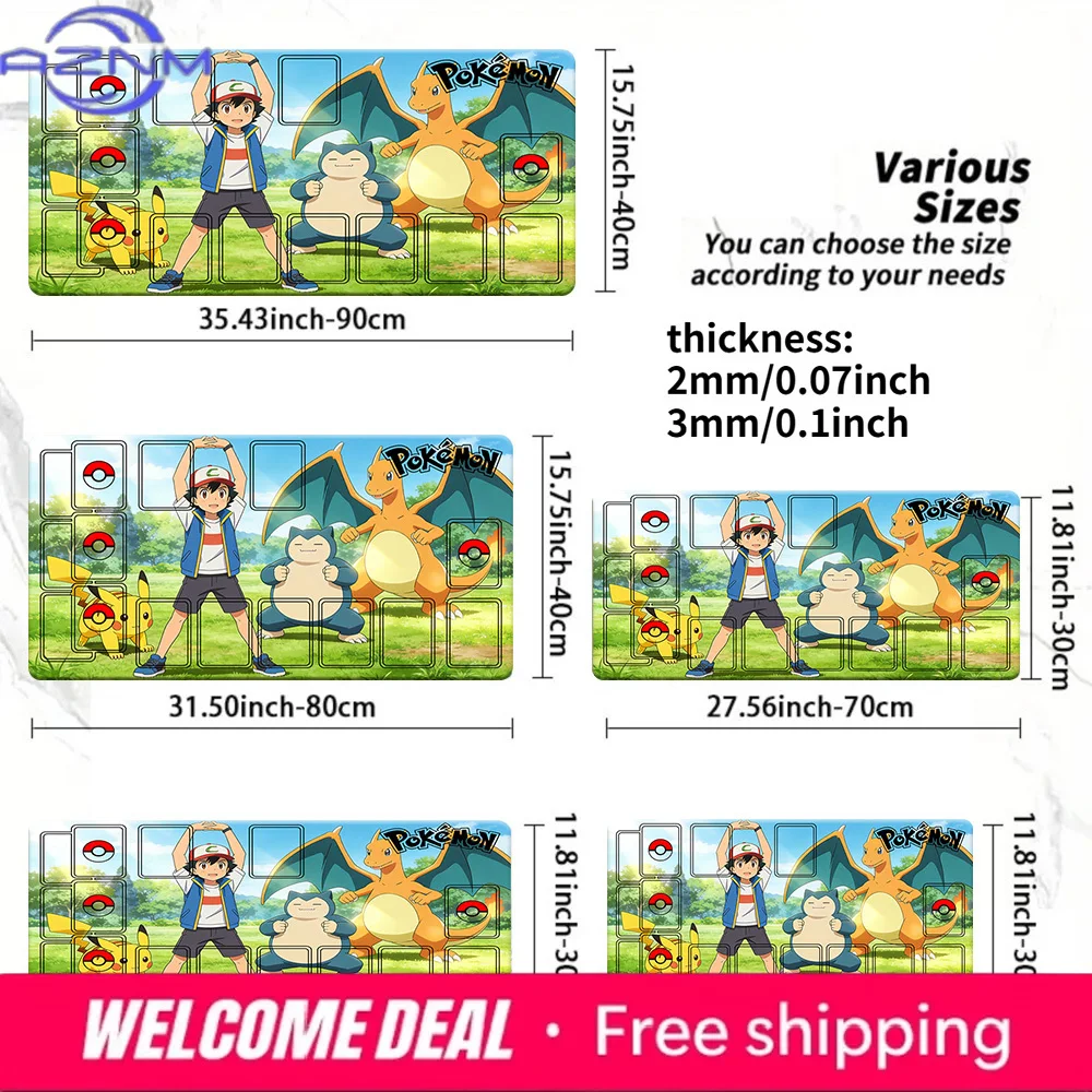Pokemon Ash Pikachu Charizard Snorlax TCG Playmat 2mm/3mm Non-Slip Card Game Mat Multi-Size