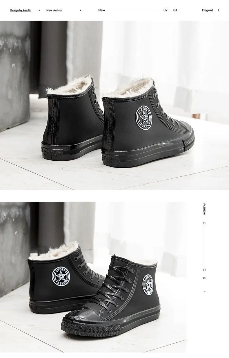 Stilvolle warme Damen-Regenschuhe mit Fell, wasserdichte Winterstiefel, Damen-Galoschen, modische Garten-Regenschuhe, Plüsch-Regenstiefel der Marke – Detail 17