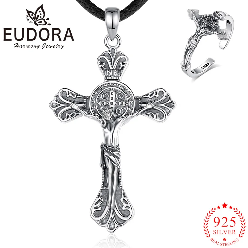 

Eudora 925 Sterling Silver Jesus St. Benedict Necklace Ring Set Crucifix Cross Pendant Adjustable Ring Religious Amulet Jewelry