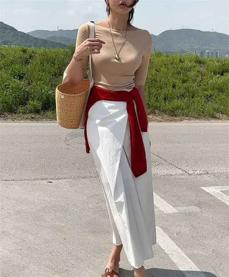 Sexy Halbarm Slim Fit Tees Koreanische 2026 Sommer Trendy Slash Neck Frauen T-shirts Off-schulter Feste Beiläufige Vielseitige top – Detail 7