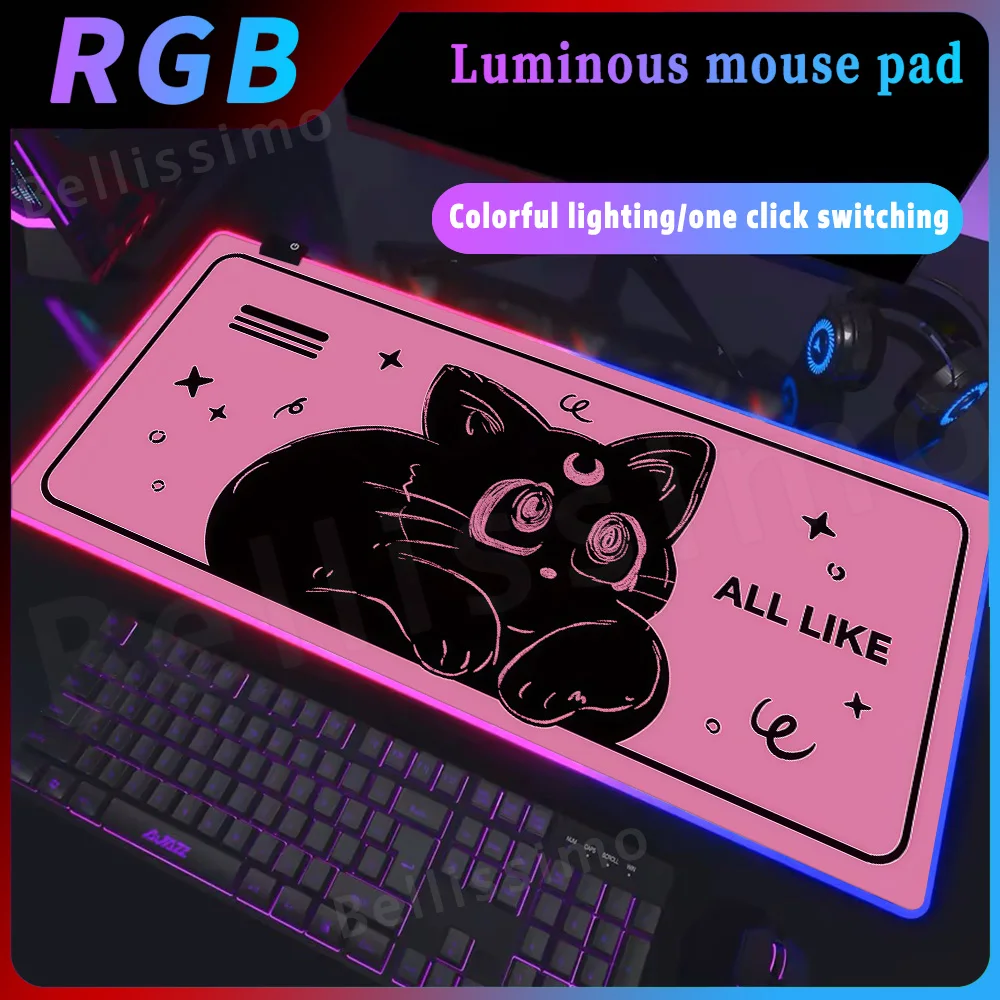 

RGB Large Mouse Pad Kawaii Pink Cat Office Mausepad 900x400mm Playmat Rubber Art Table Mat Company Desk Mat Cute Moon Laptop Rug