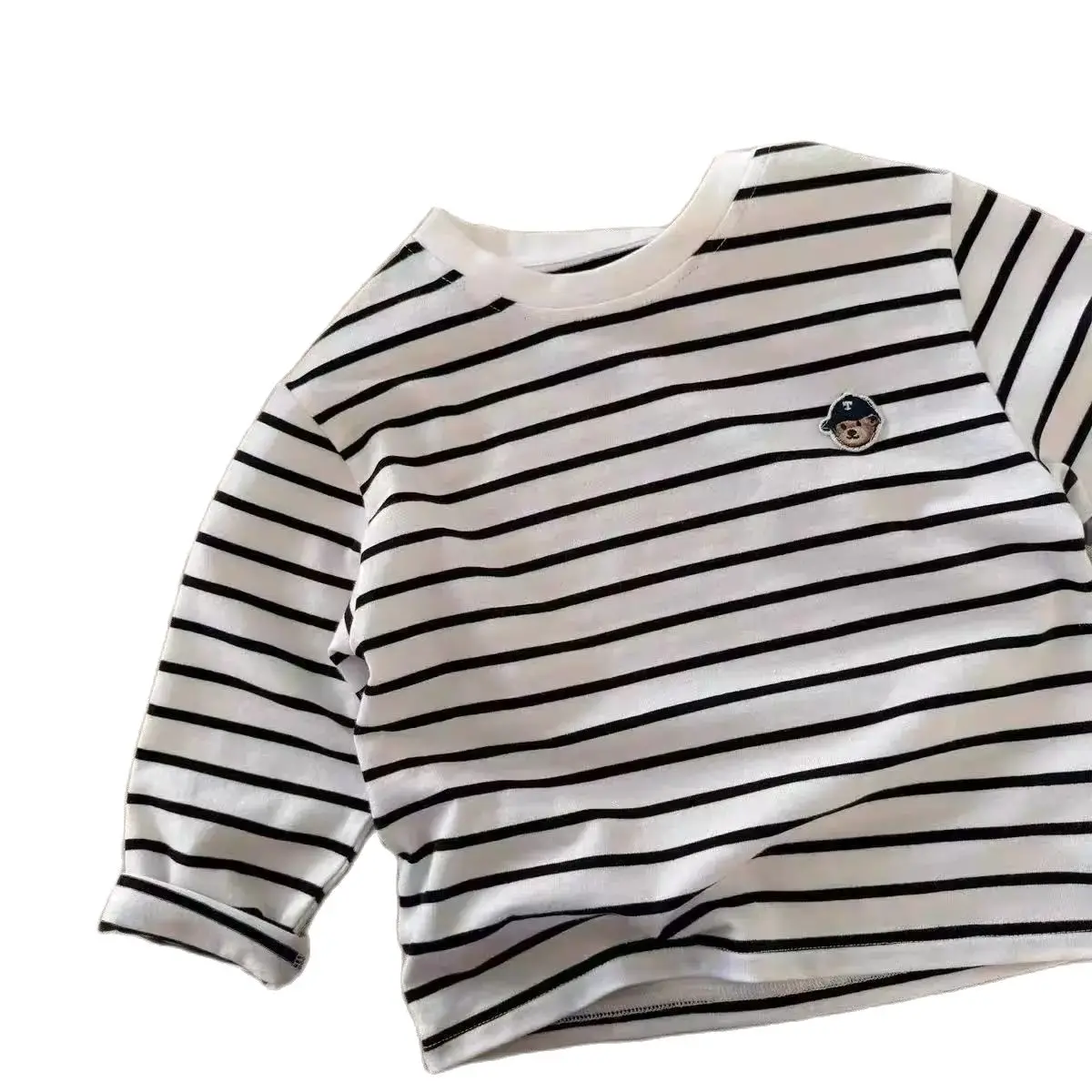 تي شيرت للأطفال بأكمام طويلة، قميص أساسي من القطن الخالص يسمح بمرور الهواء، قميص قاعدة مخطط للأولاد والبنات الكرتونية للربيع