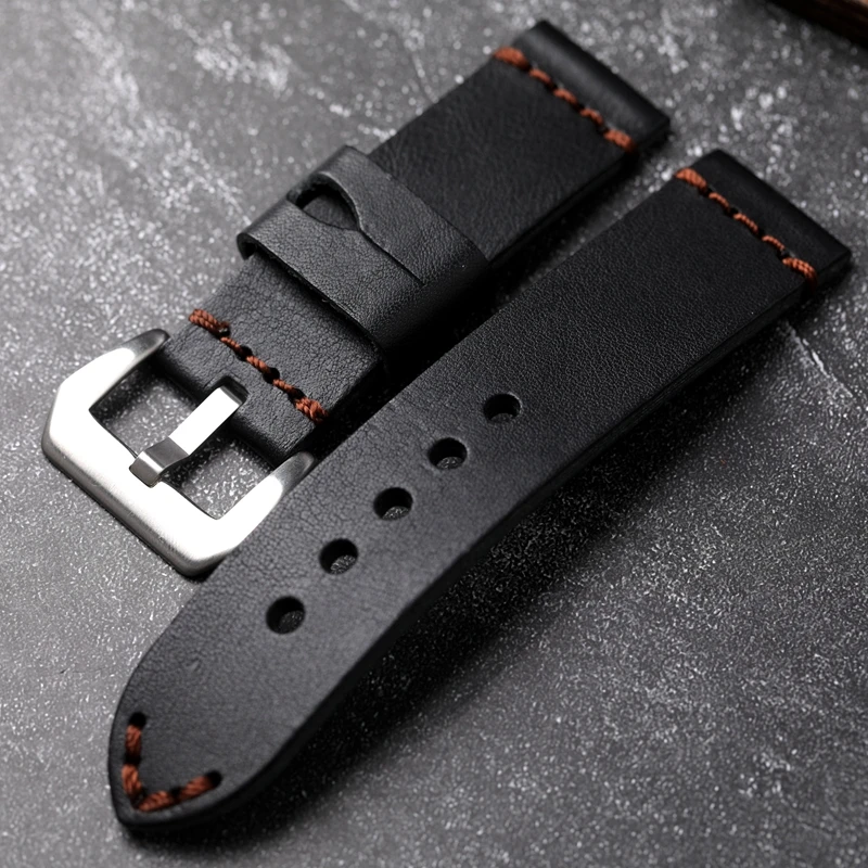 

Ремешок ручной работы из воловьей кожи с верхним слоем 20, 22, 24, 26 мм, ремешок из натуральной кожи, мягкий мужской браслет в стиле ретро, черный ремешок для часов в грубом стиле