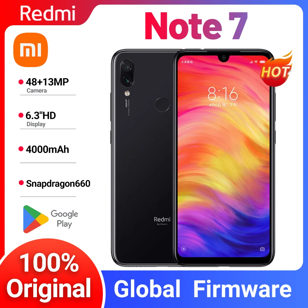 

Глобальная прошивка Xiaomi Redmi Note 7 6G 64G, оригинальный мобильный телефон Snapdragon 660, используемый телефон с задним отпечатком пальца