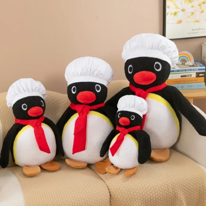 

35/45/55cm Chef Penguin Pingu Plush Toys Cartoon Stuffed Toys with Chef Hat Red Scarf Kawaii Home Decor Sofa Cushion Gifts