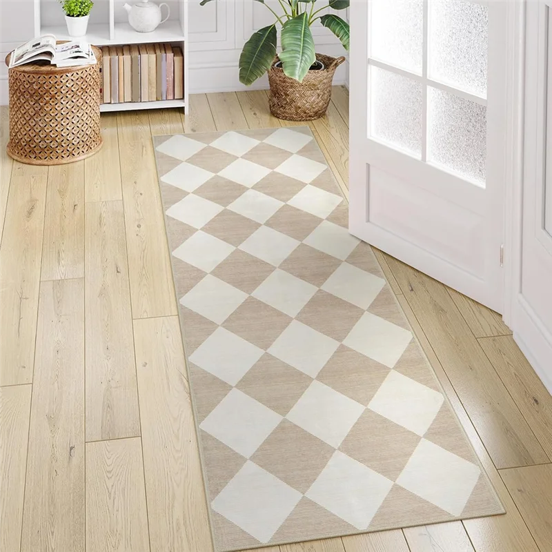 【RECOMMEND】Kitchen Runner Rug Beige Ultra Thin Washable Carpet Runners For Hallway Non Slip,Moroccan Plaid Checkerboard Decor