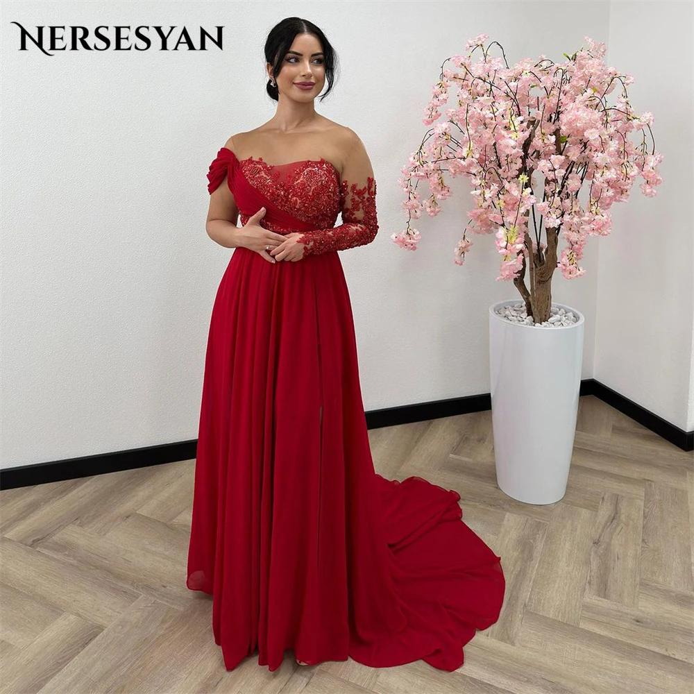 Nersesyan Red Glitter Lace Evening Dresses For Wedding A-Line 2 In 1 Off Shoulder Prom Dress Detachable Skirt Bride Party Gowns