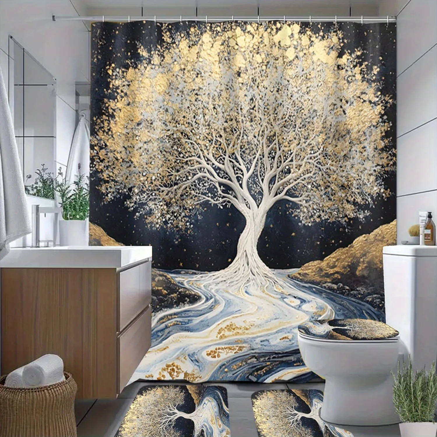 

4pcs Golden Tree, Starry Sky, River Pattern Shower Curtain with Hook, Bathroom Partition Curtain, Bathroom Accessories, Home