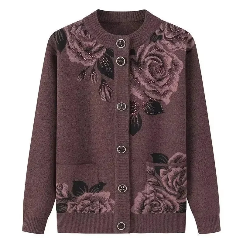 Autumn Winter Women Knitted Sweater Cardigan Jacket 2025 New Print Long-Sleeve Warm Sweaters Coat Female Knit Top Mother Clothes