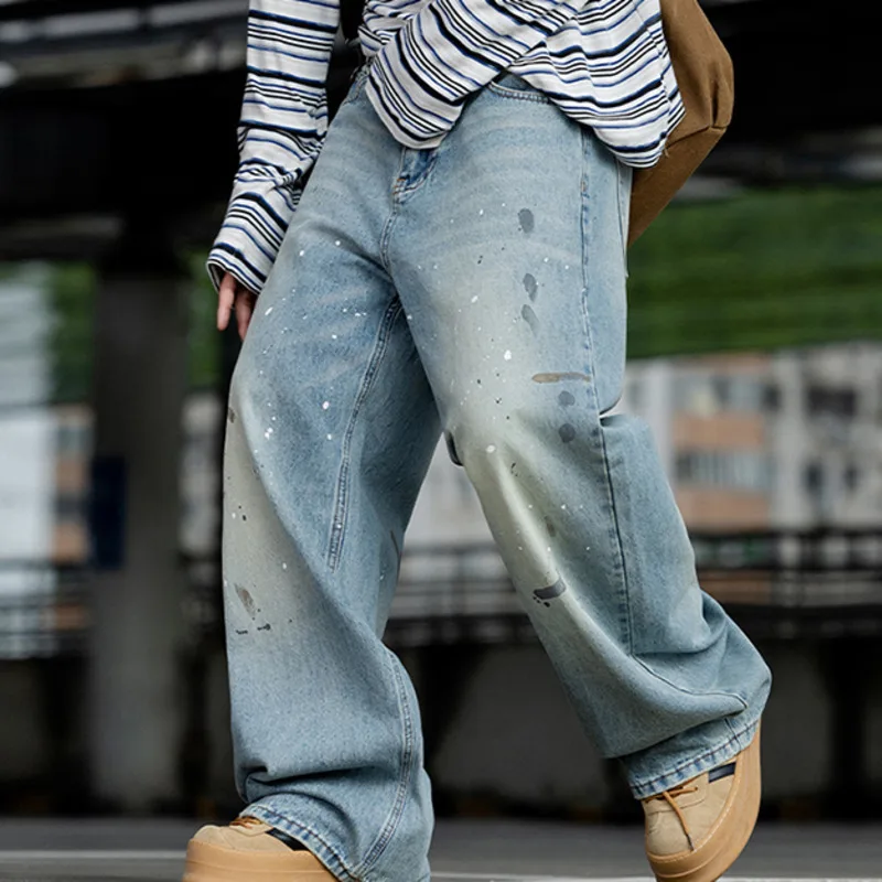 2025 outono americano retro pintura respingo tinta moda masculina marca na moda solta, simples, versátil cor sólida jeans lavados