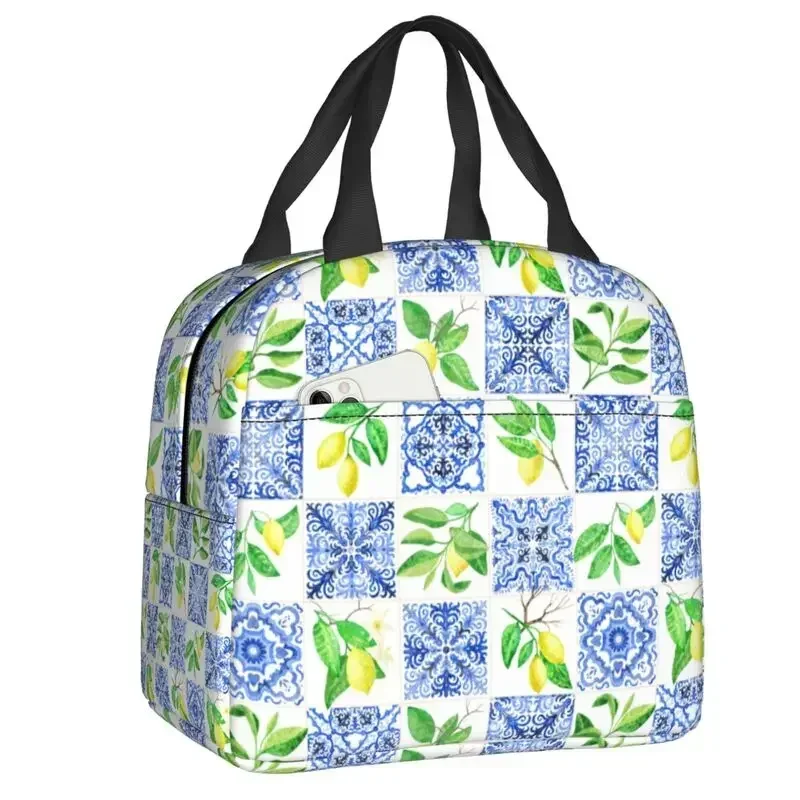 Mediterranean Majolica Fruit Lemons Insulated Lunch Bag Waterproof Cooler Thermal Bento Box Women Kids Food Container Tote Bags