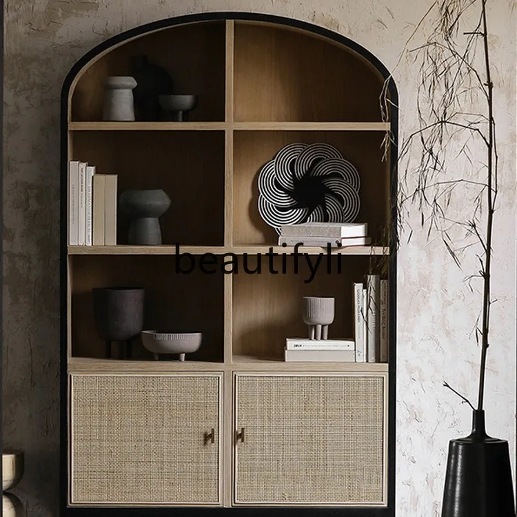 

Solid Wood Bookcase Light Luxury Rattan Floor-standing Small Bookshelf Wine Cabinet Nordic Sideboard French Style