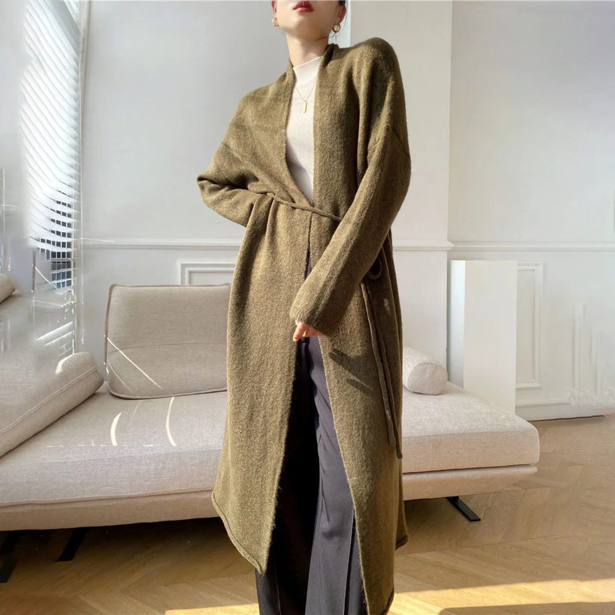 KWTX 2025 New Women's Chic Knit Cardigan Longline V-Neck Belted Waist Solid Color Autumn Winter Cozy Retro Sweater Elegant