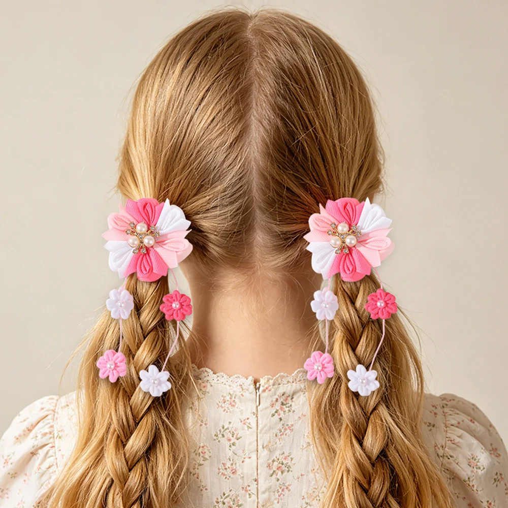2Pcs Sweet Floral Tassel Hair Clips 2Pcs/Set Pearl Accent Fabric Flower Barrettes Toddler Girls Festival Dress‑up Hair Ornaments