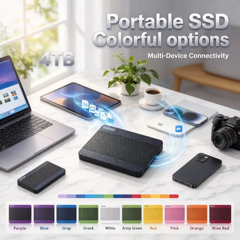SSD externo portátil de 4 TB, unidade de estado sólido de alta velocidade, revestimento texturizado, várias opções de cores, design elegante, armazenamento de grande capacidade para laptops e PCs.