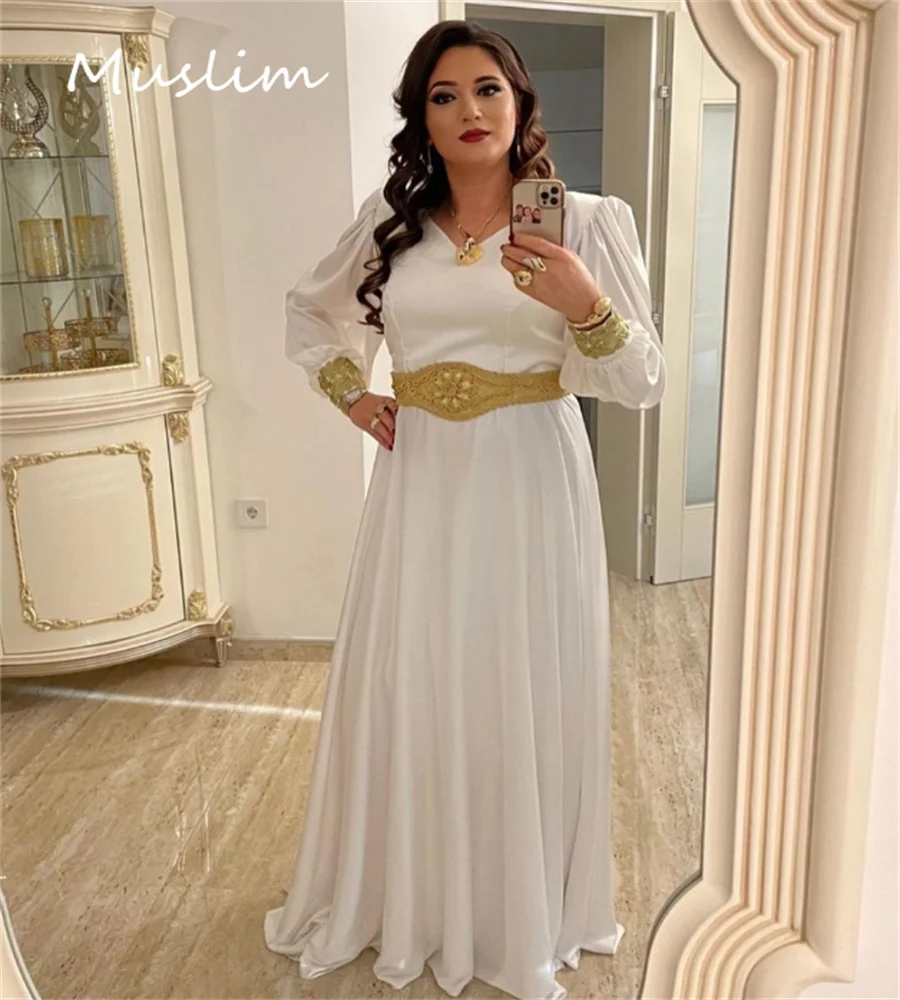 Simple Arabic Caftan Evening Dress 2023 Simple Long Sleeve White Prom Dress Boho Maxi Formal Ceremony Party Gowns Lace Moroccan