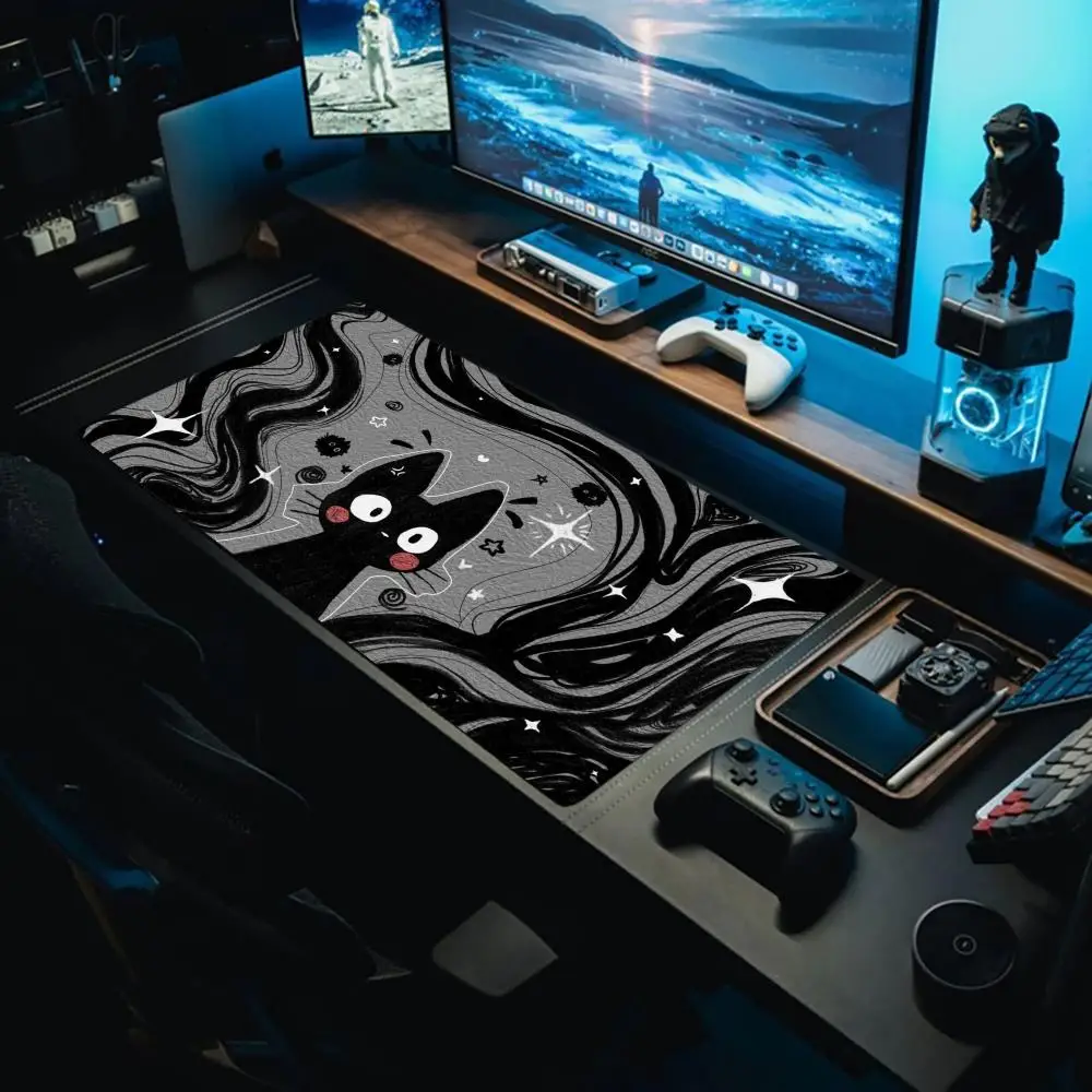 Gato preto dos desenhos animados em fundo cinza preto Tapete de mouse lavável com fundo de borracha antiderrapante adequado para trabalho e jogos e escritório