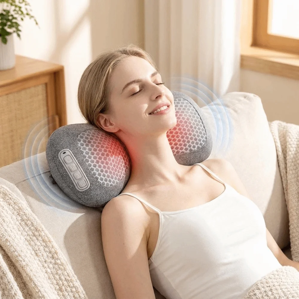 Breathable Neck Massager Pillow Hot Compress Vibration Massage Cervical Pillow Airbag Lift Ergonomic Shoulder Massager Bed Use